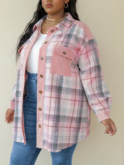 Lässige Bluse in Übergröße, Damen-Tunikahemd mit Karomuster, Knopfleiste, Laternenärmeln und Umlegekragen und Pattentasche