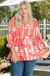 Orangefarbene Bluse mit gesmoktem, quadratischem Ausschnitt und geometrischem Muster in Übergröße