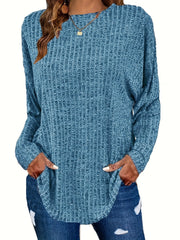 Plus Size Casual Sweater, Women's Plus Solid Ribbed Long Sleeve Round Neck Knit Top