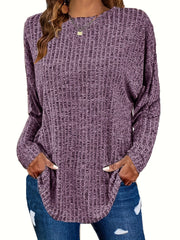 Plus Size Casual Sweater, Women's Plus Solid Ribbed Long Sleeve Round Neck Knit Top