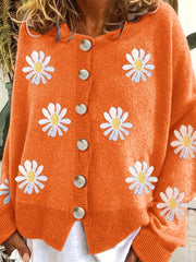 Plus Size Casual Cardigan, Women's Plus Floral Embroidery Button Up Long Sleeve Round Neck Sweater