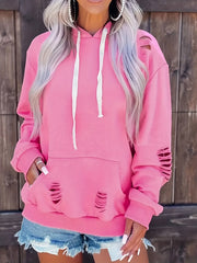 Plus Size Casual Sweatshirt, Women's Plus Solid Cut Out Long Sleeve Slight Stretch Drawstring Hoodie With Pocket