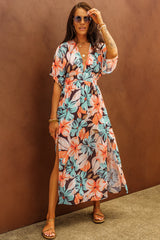 Orange Floral Kimono Long Dress with Slit