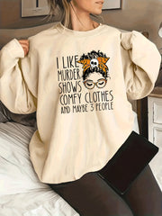 Plus Size Casual Sweatshirt, Women's Plus Cartoon Figure & Slogan Print Long Sleeve Crew Neck Slight Stretch Pullover Sweatshirt, Casual Tops For Fall & Winter, Plus Size Women's Clothing