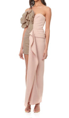 RUCHED STRAPLESS SPLICING MIDI DRESS