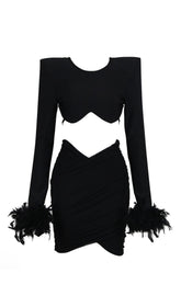 SHOULEDR PAD WAIST BARING FEATHER BLOUSE PLEATED DRESS IN BLACK