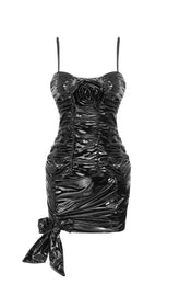 VESTIDO MINI FRUNCIDO DE ALTO BRILLO EN NEGRO