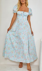 VINTAGE MIDIKLEID MIT BLUMENMUSTER UND PUFFÄRMELN IN BLAU