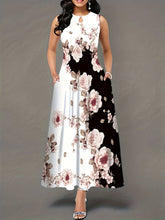 Lässiges Tankkleid in Übergröße, Damen-Maxi-Tankkleid mit Farbblock-Blumendruck und Aussparungen, Rundhalsausschnitt, mittelelastisch