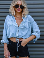 Loose Single-Breasted Button Lapel Drawstring Cropped Long Sleeves Denim T-Shirt
