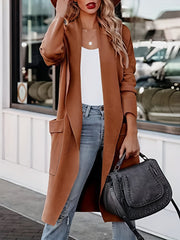 Plus Size Casual Coat, Women's Plus Solid Long Sleeve Lapel Collar Long Coat With Pockets