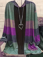 Plus Size Casual Cardigan, Women's Plus Colorblock Long Sleeve Open Front Cardigan With Pockets