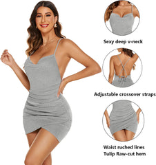 Avidlove Glitzerkleid mit Wasserfallausschnitt, Spaghettiträger, figurbetontes Kleid, ärmellos, gerüschtes Cocktailkleid für Damen