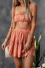 Oranges zweiteiliges Set mit kurzem Plissee-Top mit Leopardenmuster und hoch tailliertem Rock