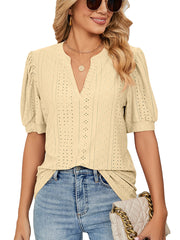 Shirts Casual V Neck Hollow Puff Sleeve Loose T Shirt