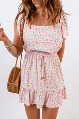 Pink Elastic Waist Ruffled Hem Floral Dress