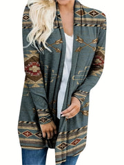 Boho-Mantel in Übergröße, Damen-Cardigan mit Südwest-Print, lange Ärmel, vorne offen, leicht dehnbar