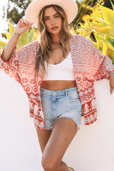 Rosa Kimono mit Blumenmuster und Aztekenmuster, 3/4-Ärmel, offener Vorderseite