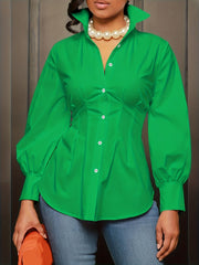 Lässige Bluse in Übergröße, Damenbluse in Übergröße mit einfarbiger Knopfleiste, Laternenärmeln und Umlegekragen und enger Taille