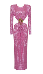 VESTIDO LARGO CON ESPALDA DESCONECTADA Y RECORTE DE LENTEJUELAS EN ROSA