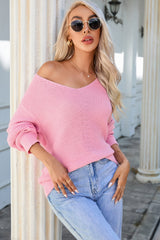 Rosa Rippstrickpullover mit V-Ausschnitt