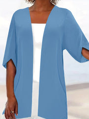 Plus Size Casual Coat, Women's Plus Solid Half Sleeve Open Front Loose Cardigan