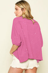 Rosa, gebleichtes Top mit asymmetrischem Saum im Used-Look und kurzen Ärmeln