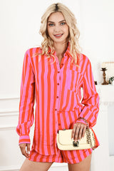 Orange gestreiftes Set mit Kragenhemd und Shorts