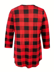 Plus Size Casual Coat, Women's Plus Gingham Print Long Sleeve Open Front Cardigan