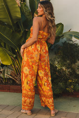 Orangefarbener ärmelloser Jumpsuit mit weitem Bein und Blumenmuster