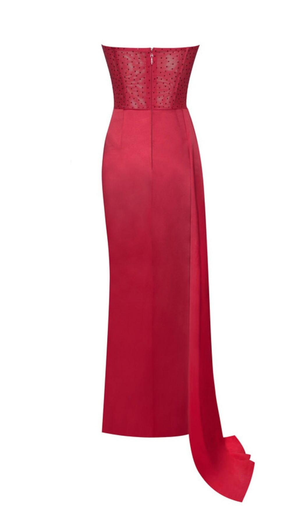 HOLLY RED CRYSTALLIZED CORSET HIGH SLIT SATIN GOWN