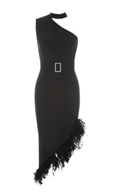 Neckholder-One-Shoulder-Midikleid in Schwarz