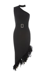 Neckholder-One-Shoulder-Midikleid in Schwarz