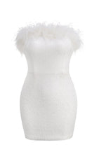 SEQUIN FEATHER STRAPLESS MINI DRESS IN WHITE