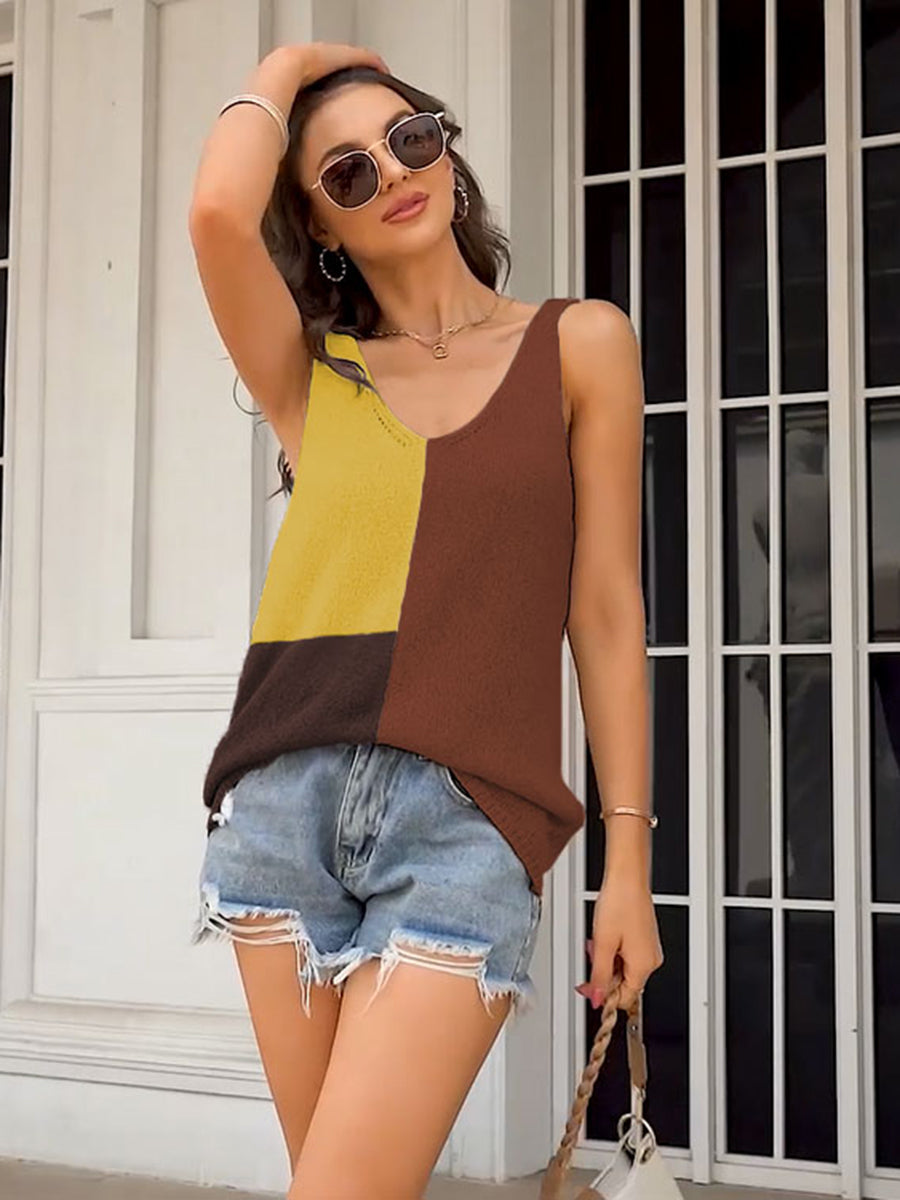 Tops Stitching Color V-Neck Casual Loose Tank Top