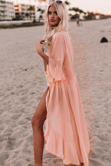 Pink Ruffle Half Sleeve Tie Front Flowy Beach Cover Up