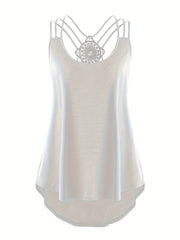 Plus Size Cami Top mit einfarbiger Kontrastspitze und überkreuztem Saum, Damen Plus Size Leicht dehnbares Freizeittop