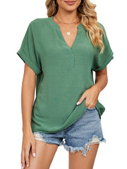 Camiseta de gasa holgada de manga corta con cuello en V y color liso