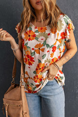 Pink Floral Print Ruffled Flutter Sleeve Blouse