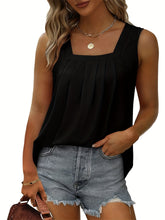Lässiges Tanktop in Übergröße, Damen-Tanktop in Übergröße, einfarbig, quadratischer Ausschnitt, plissiert, mittlerer Stretch