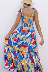 Orange Boho Print Tie Straps Smocked Maxi Dress