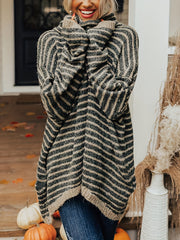 Lässiger Pullover in Übergröße, Damen-Pullover mit Streifenmuster, Kaminkragen und langen Ärmeln