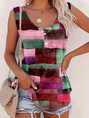 Plus Size Casual Tank Top, Women's Plus Patchwork Print Medium Stretch Henley Tank Top