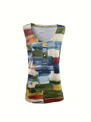 Plus Size Casual Tank Top, Women's Plus Patchwork Print Medium Stretch Henley Tank Top