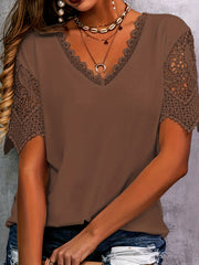 Plus Size Elegant T-shirt, Women's Plus Solid Contrast Lace Panel Short Sleeve V Neck T-shirt