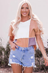 Oranges, kurzärmliges Rippstrick-Top mit Colorblock-Nähten