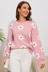 Rosa Pullover mit überschnittenen Schultern und Blumenmuster