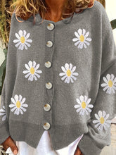 Lässiger Cardigan in Übergröße, Damen-Pullover mit Blumenstickerei und Knöpfen, langen Ärmeln und Rundhalsausschnitt