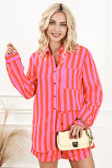 Orange gestreiftes Set mit Kragenhemd und Shorts