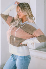 Rosafarbener Strickpullover mit Kapuze und Kordelzug im Farbblockdesign